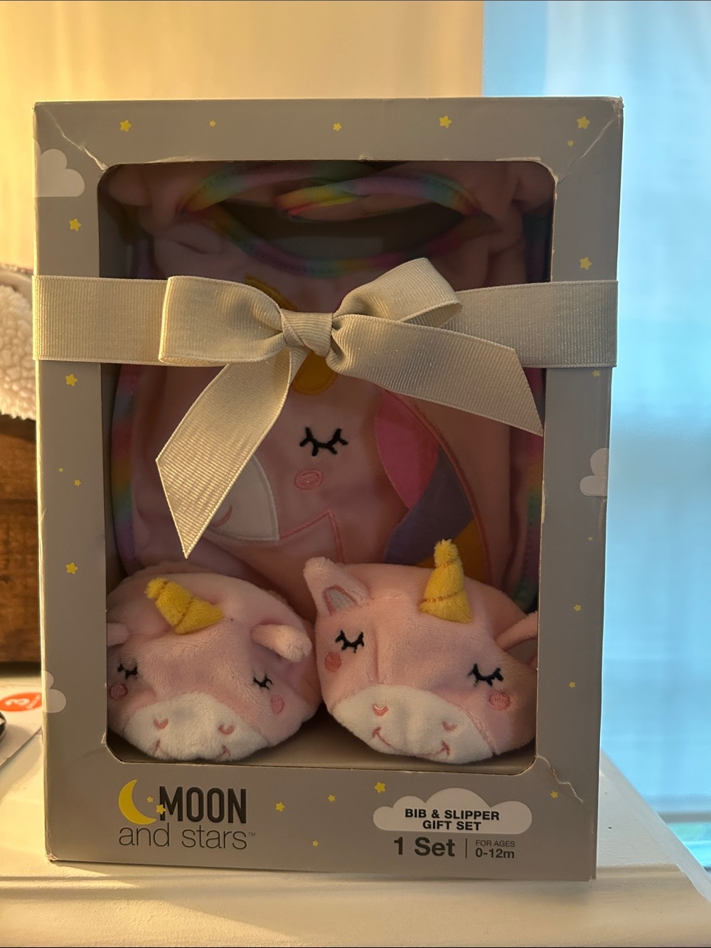 Moon and Stars Pink Unicorn Bib & Slipper Gift Set